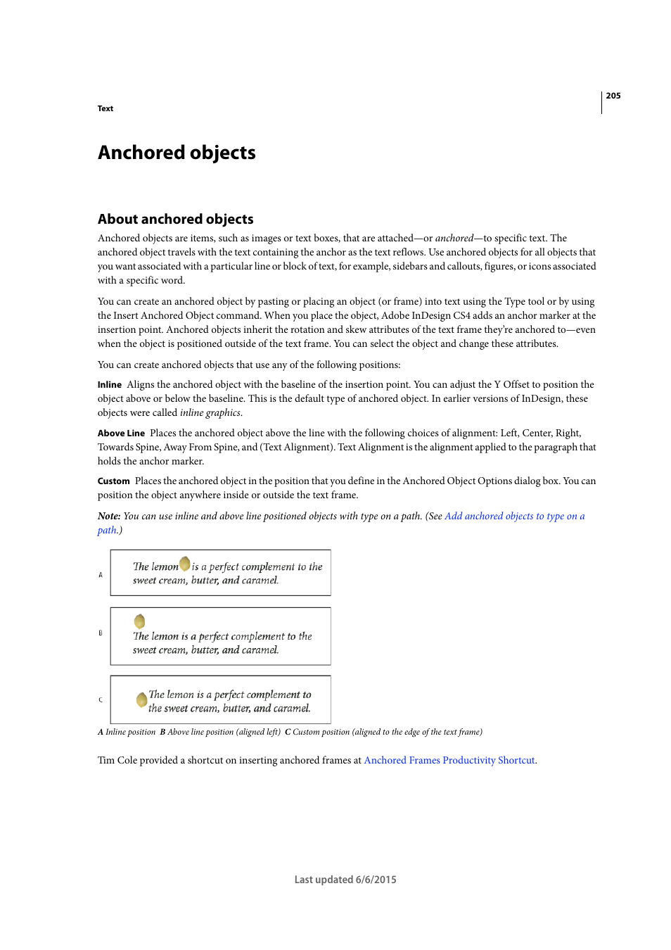 Anchored objects, About anchored objects, Anchored | Objects | Adobe InDesign CC 2015 User Manual | Page 210 / 643