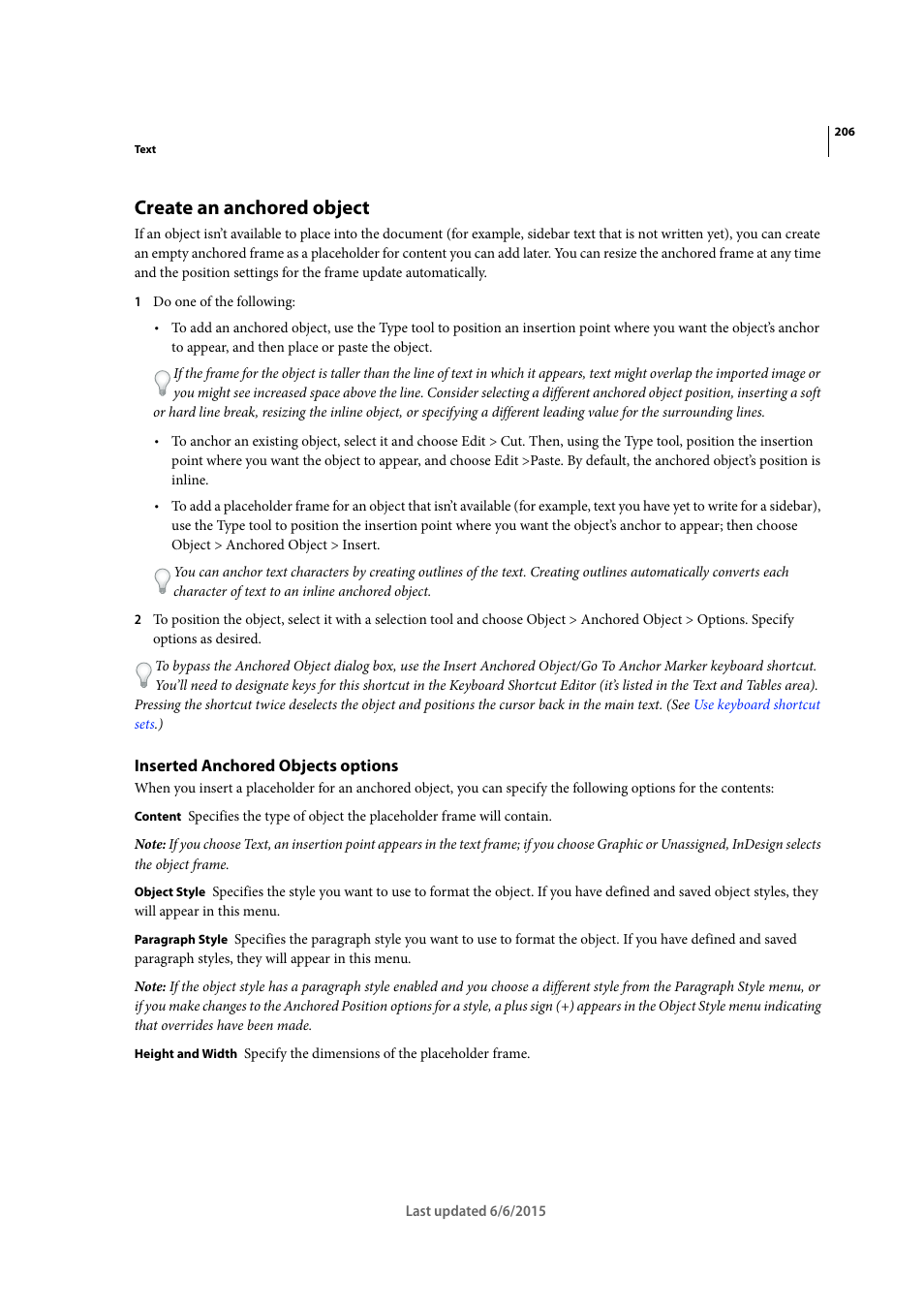 Create an anchored object, Inserted anchored objects options | Adobe InDesign CC 2015 User Manual | Page 211 / 643