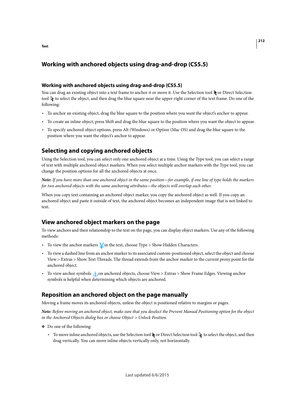 Selecting and copying anchored objects, View anchored object markers on the page, Reposition an anchored object on the page manually | Adobe InDesign CC 2015 User Manual | Page 217 / 643