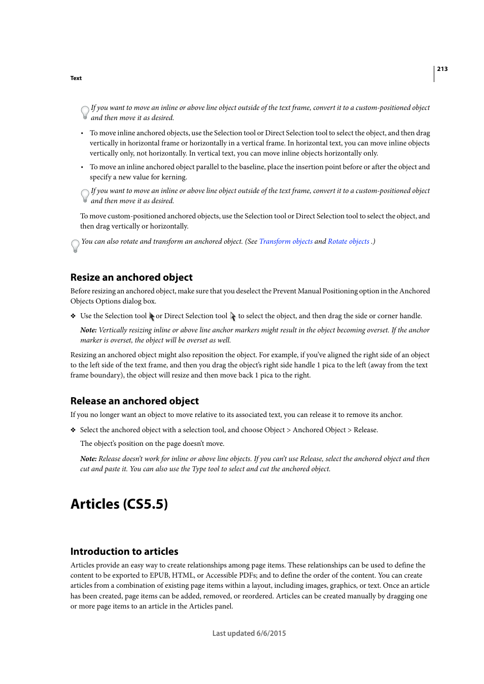 Resize an anchored object, Release an anchored object, Articles (cs5.5) | Introduction to articles | Adobe InDesign CC 2015 User Manual | Page 218 / 643