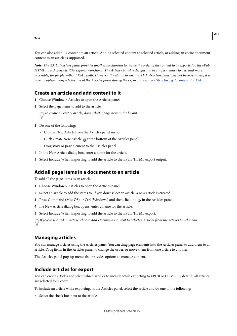 Create an article and add content to it, Managing articles, Include articles for export | Add all page items in a document to an article | Adobe InDesign CC 2015 User Manual | Page 219 / 643