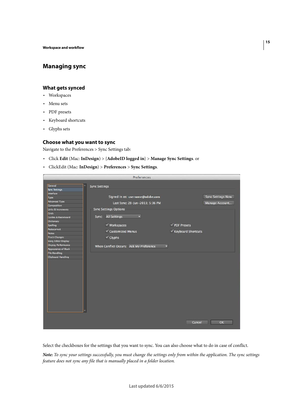 Managing sync, What gets synced, Choose what you want to sync | Adobe InDesign CC 2015 User Manual | Page 22 / 643
