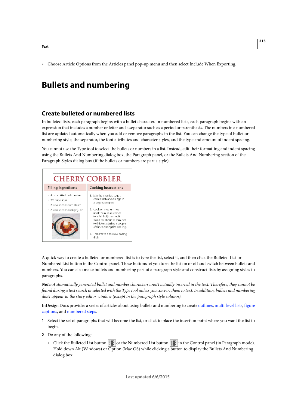 Bullets and numbering, Create bulleted or numbered lists | Adobe InDesign CC 2015 User Manual | Page 220 / 643