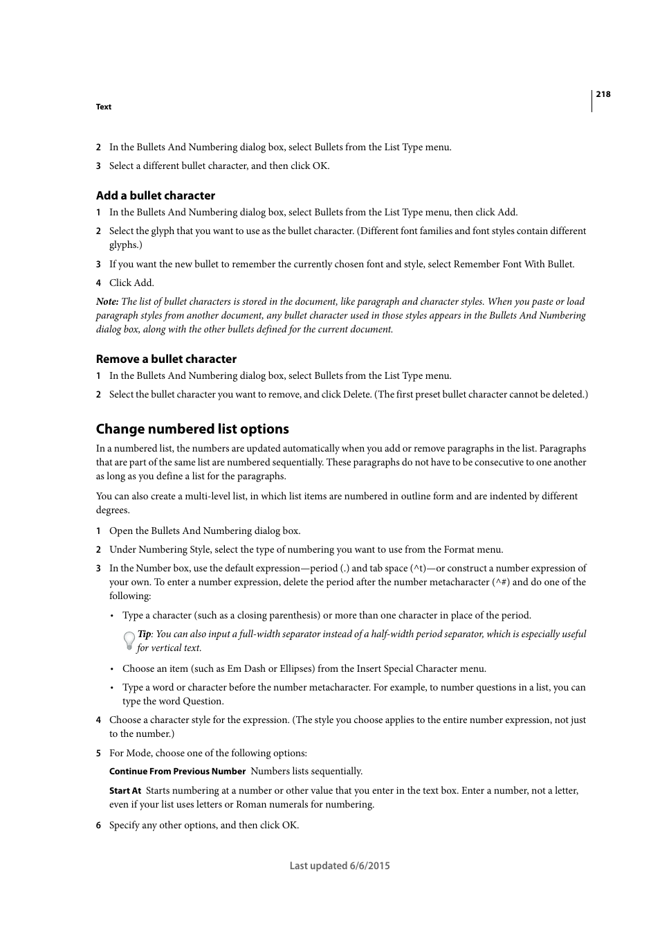 Add a bullet character, Remove a bullet character, Change numbered list options | Adobe InDesign CC 2015 User Manual | Page 223 / 643