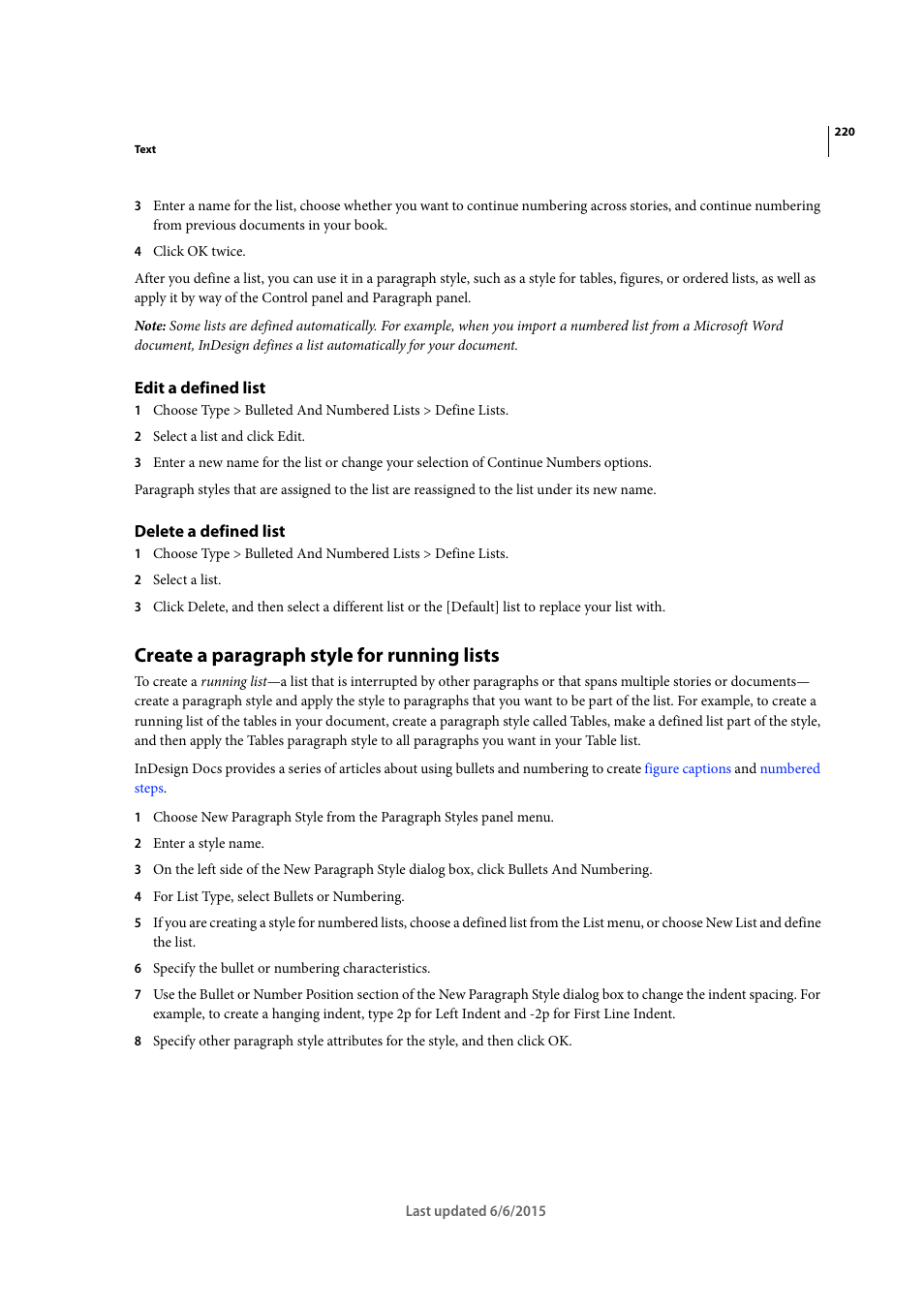 Edit a defined list, Delete a defined list, Create a paragraph style for running lists | Adobe InDesign CC 2015 User Manual | Page 225 / 643