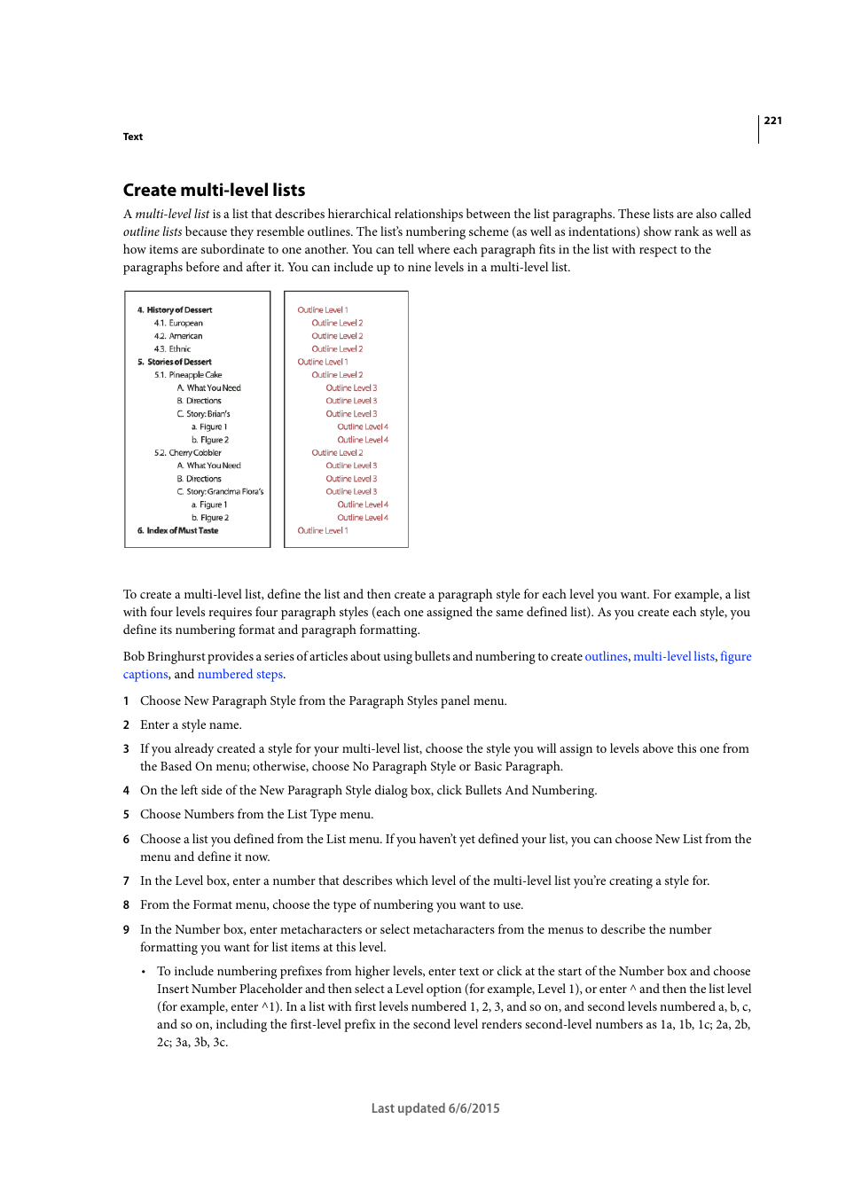 Create multi-level lists | Adobe InDesign CC 2015 User Manual | Page 226 / 643