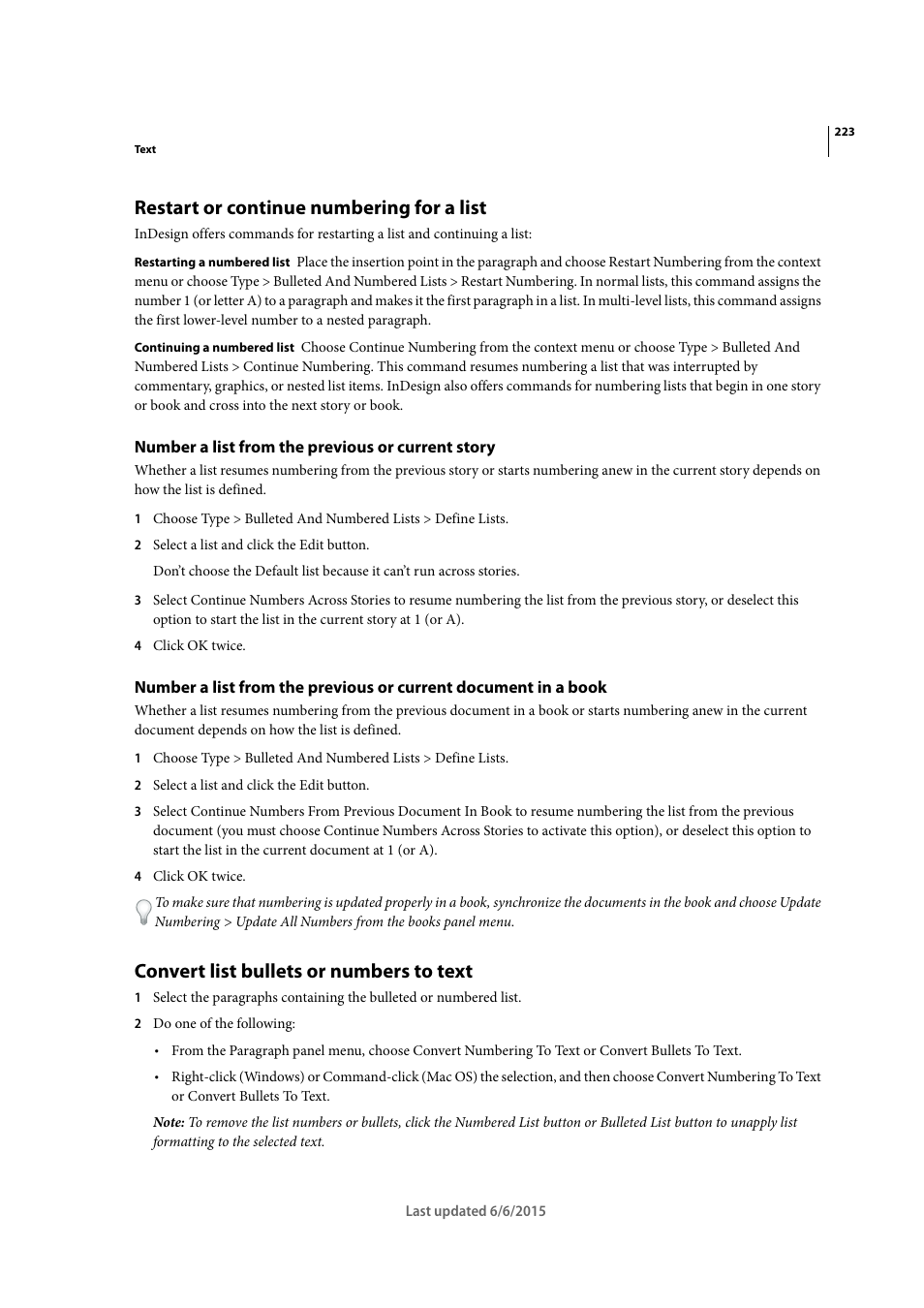 Restart or continue numbering for a list, Number a list from the previous or current story, Convert list bullets or numbers to text | Adobe InDesign CC 2015 User Manual | Page 228 / 643