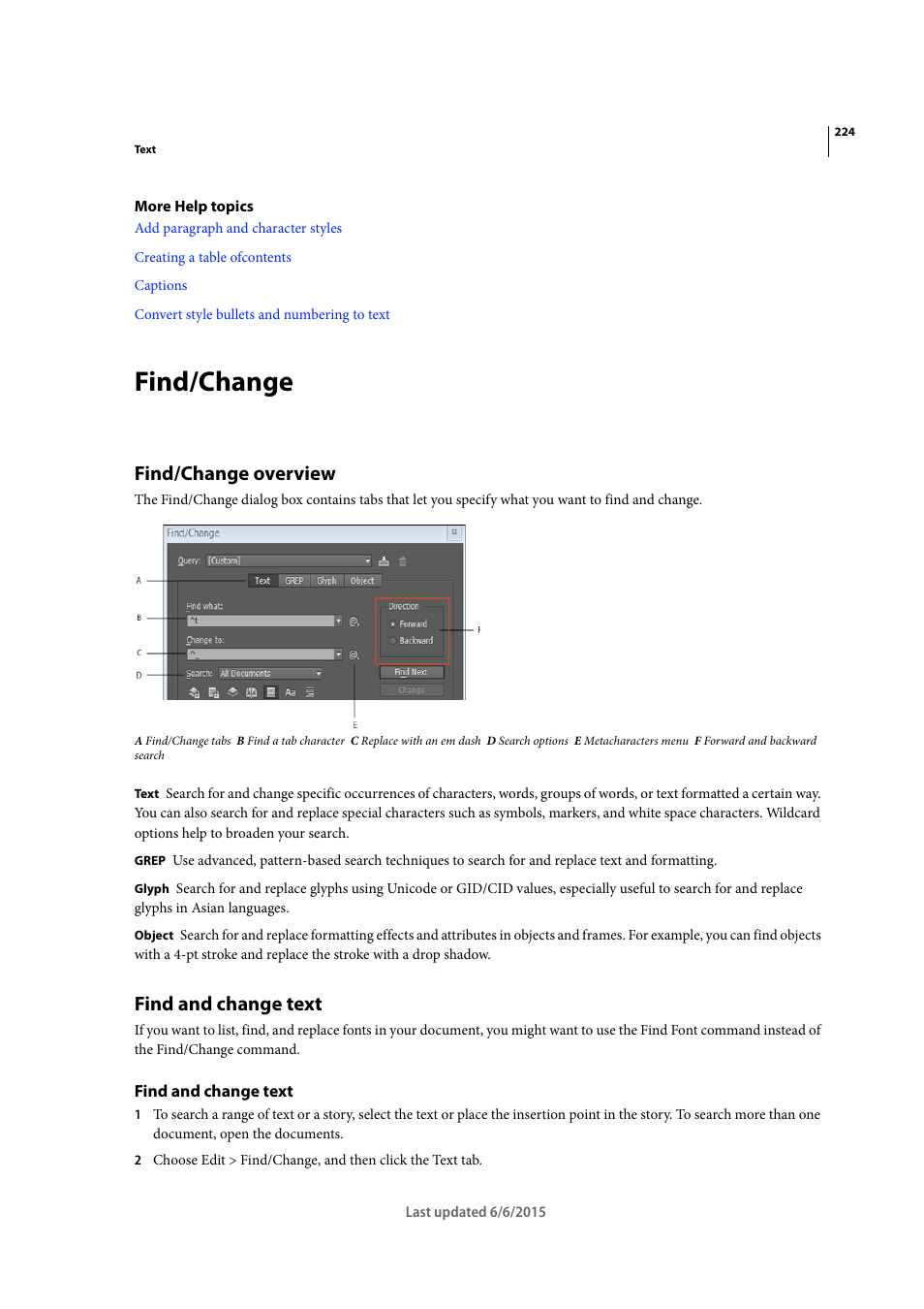 Find/change, Find/change overview, Find and change text | Adobe InDesign CC 2015 User Manual | Page 229 / 643