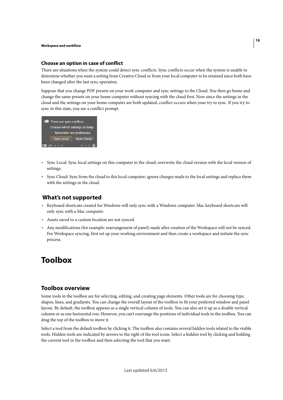 Choose an option in case of conflict, What’s not supported, Toolbox | Toolbox overview | Adobe InDesign CC 2015 User Manual | Page 23 / 643