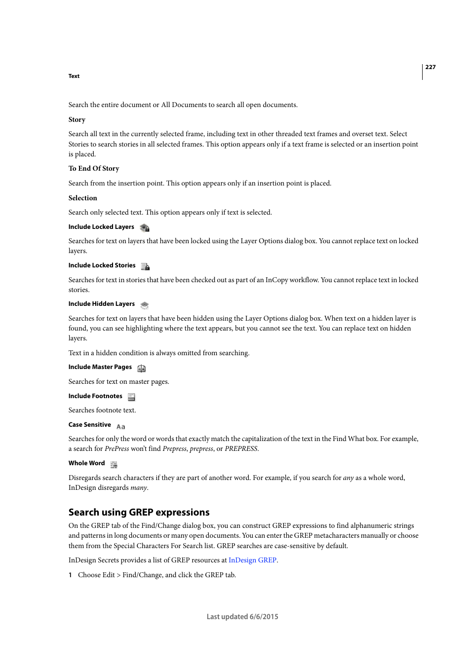 Search using grep expressions | Adobe InDesign CC 2015 User Manual | Page 232 / 643