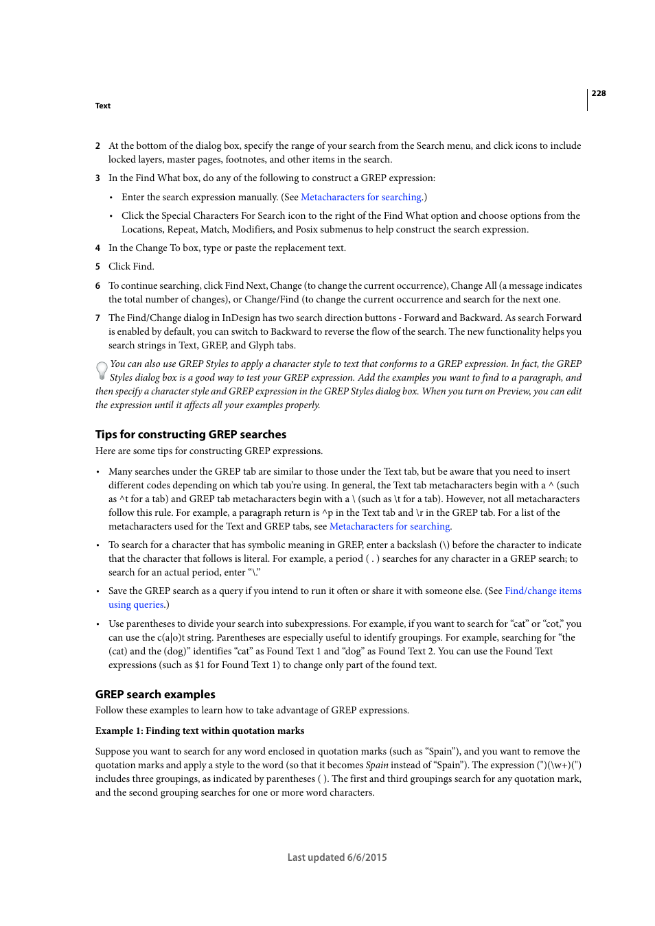 Tips for constructing grep searches, Grep search examples | Adobe InDesign CC 2015 User Manual | Page 233 / 643