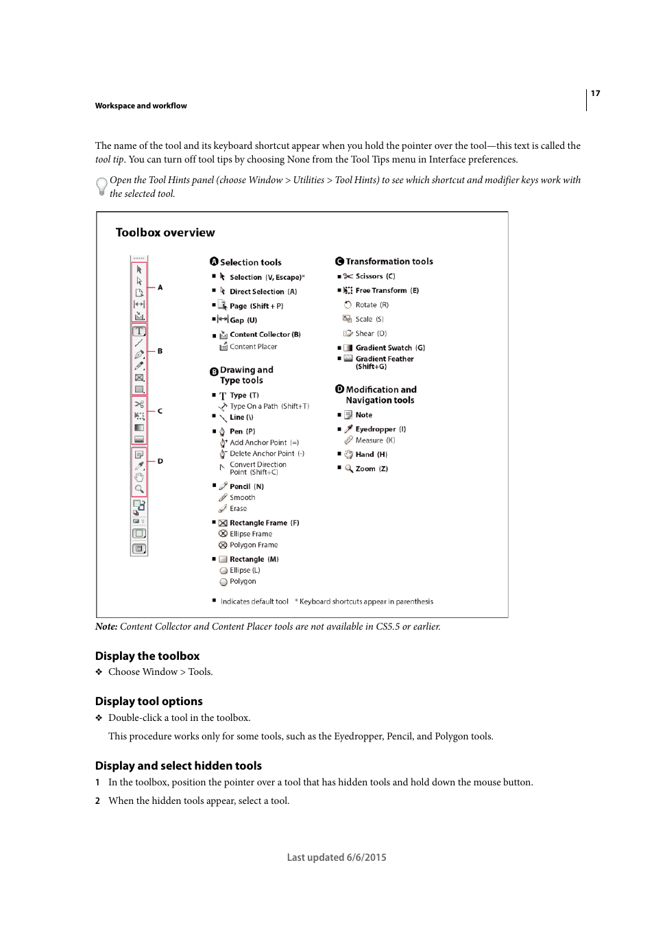 Display the toolbox, Display tool options, Display and select hidden tools | Adobe InDesign CC 2015 User Manual | Page 24 / 643