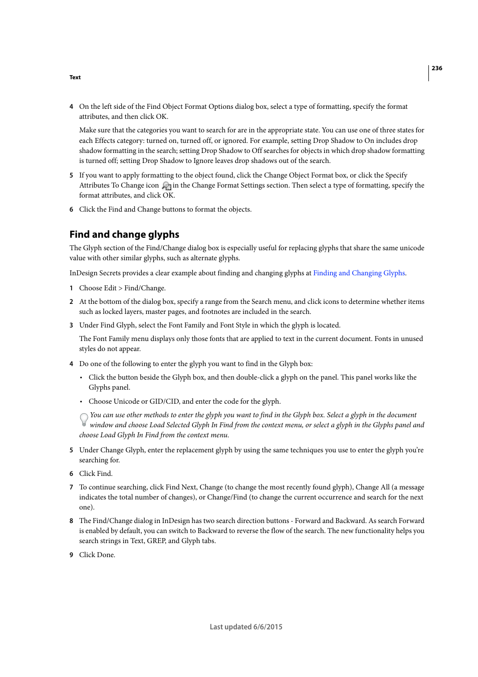 Find and change glyphs | Adobe InDesign CC 2015 User Manual | Page 241 / 643