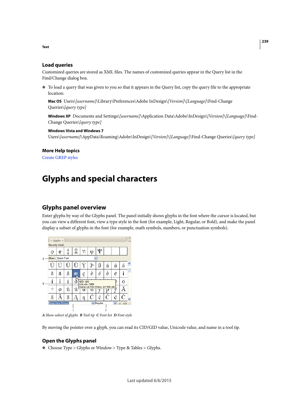 Load queries, Glyphs and special characters, Glyphs panel overview | Open the glyphs panel | Adobe InDesign CC 2015 User Manual | Page 244 / 643