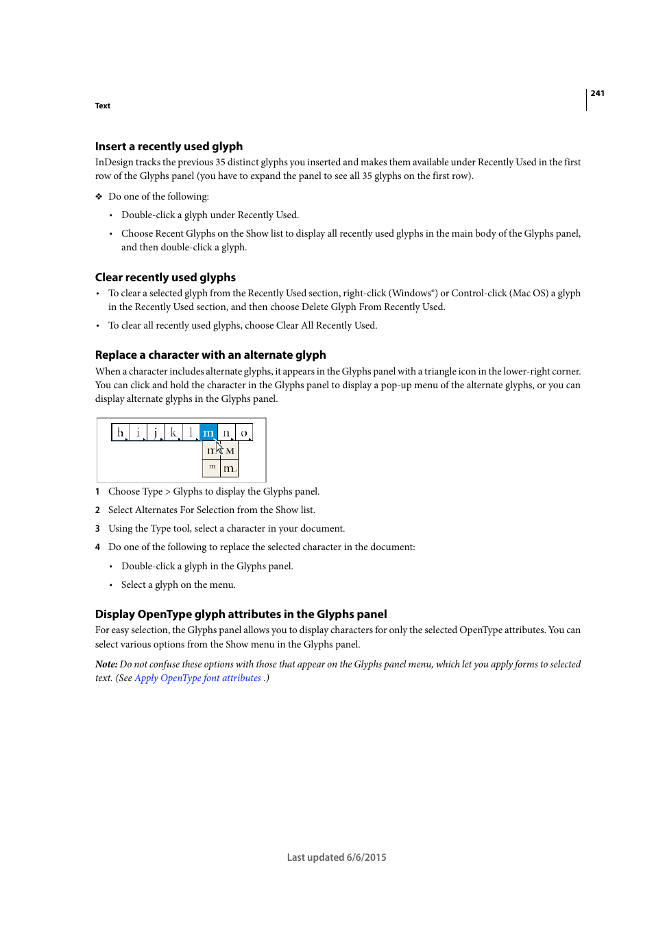 Insert a recently used glyph, Clear recently used glyphs, Replace a character with an alternate glyph | Adobe InDesign CC 2015 User Manual | Page 246 / 643