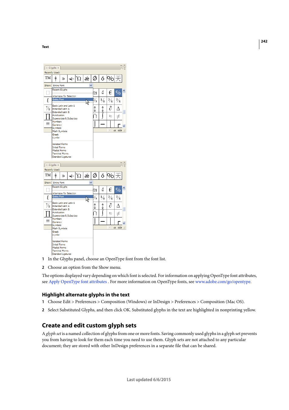 Highlight alternate glyphs in the text, Create and edit custom glyph sets | Adobe InDesign CC 2015 User Manual | Page 247 / 643