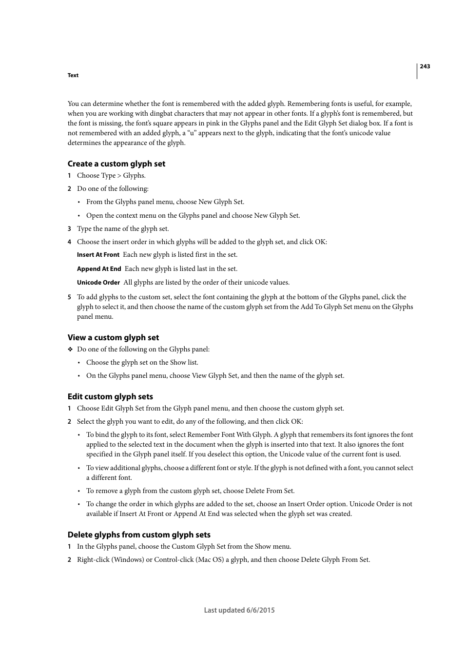 Create a custom glyph set, View a custom glyph set, Edit custom glyph sets | Delete glyphs from custom glyph sets | Adobe InDesign CC 2015 User Manual | Page 248 / 643