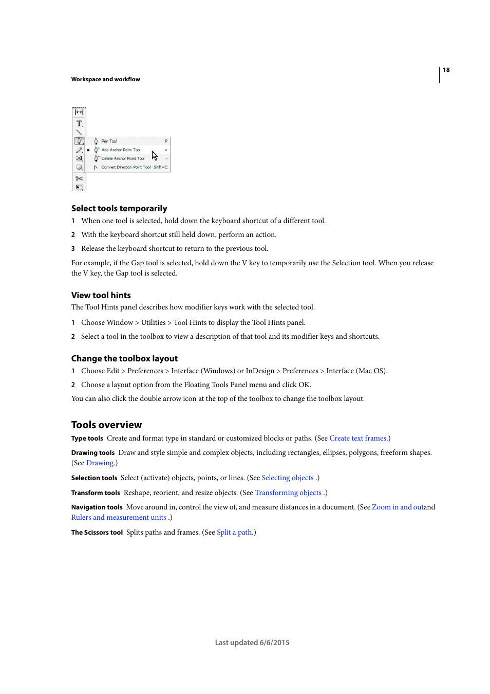 Select tools temporarily, View tool hints, Change the toolbox layout | Tools overview | Adobe InDesign CC 2015 User Manual | Page 25 / 643