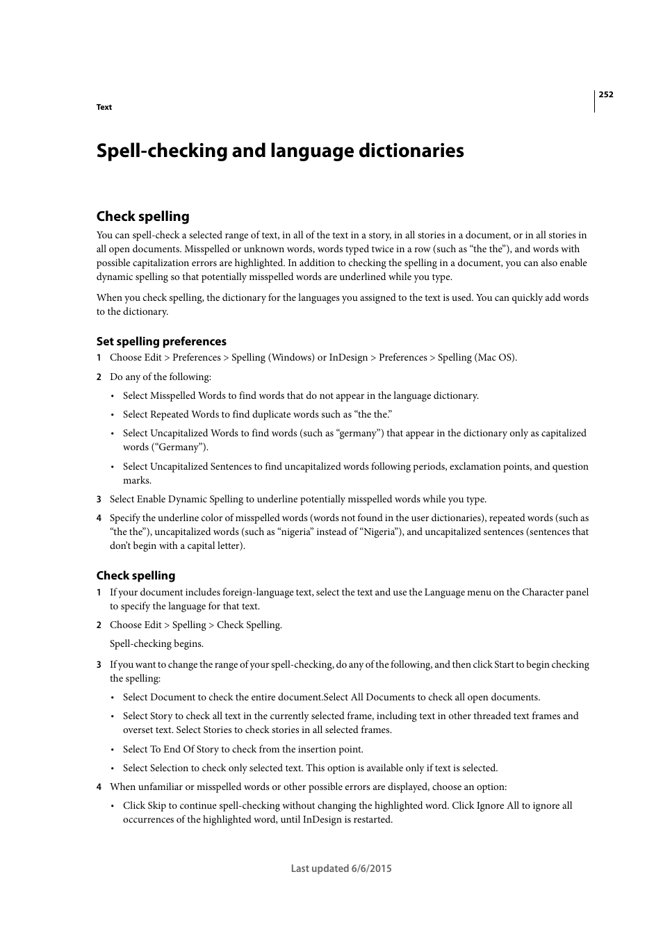 Spell-checking and language dictionaries, Check spelling, Set spelling preferences | Adobe InDesign CC 2015 User Manual | Page 257 / 643