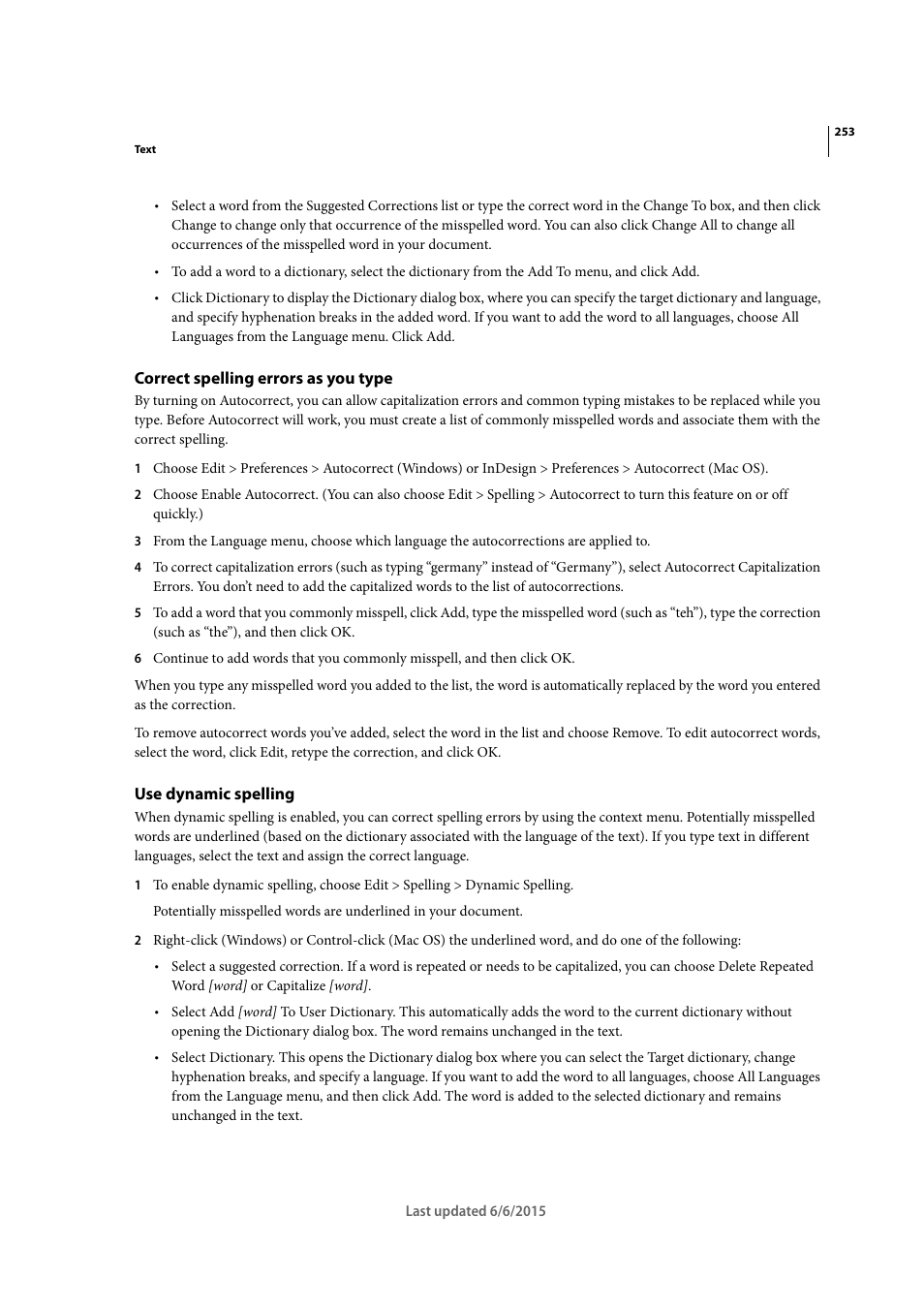 Correct spelling errors as you type, Use dynamic spelling | Adobe InDesign CC 2015 User Manual | Page 258 / 643