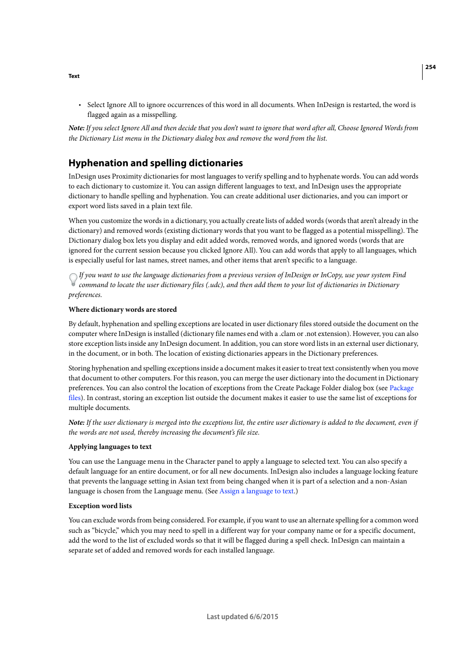 Hyphenation and spelling dictionaries | Adobe InDesign CC 2015 User Manual | Page 259 / 643