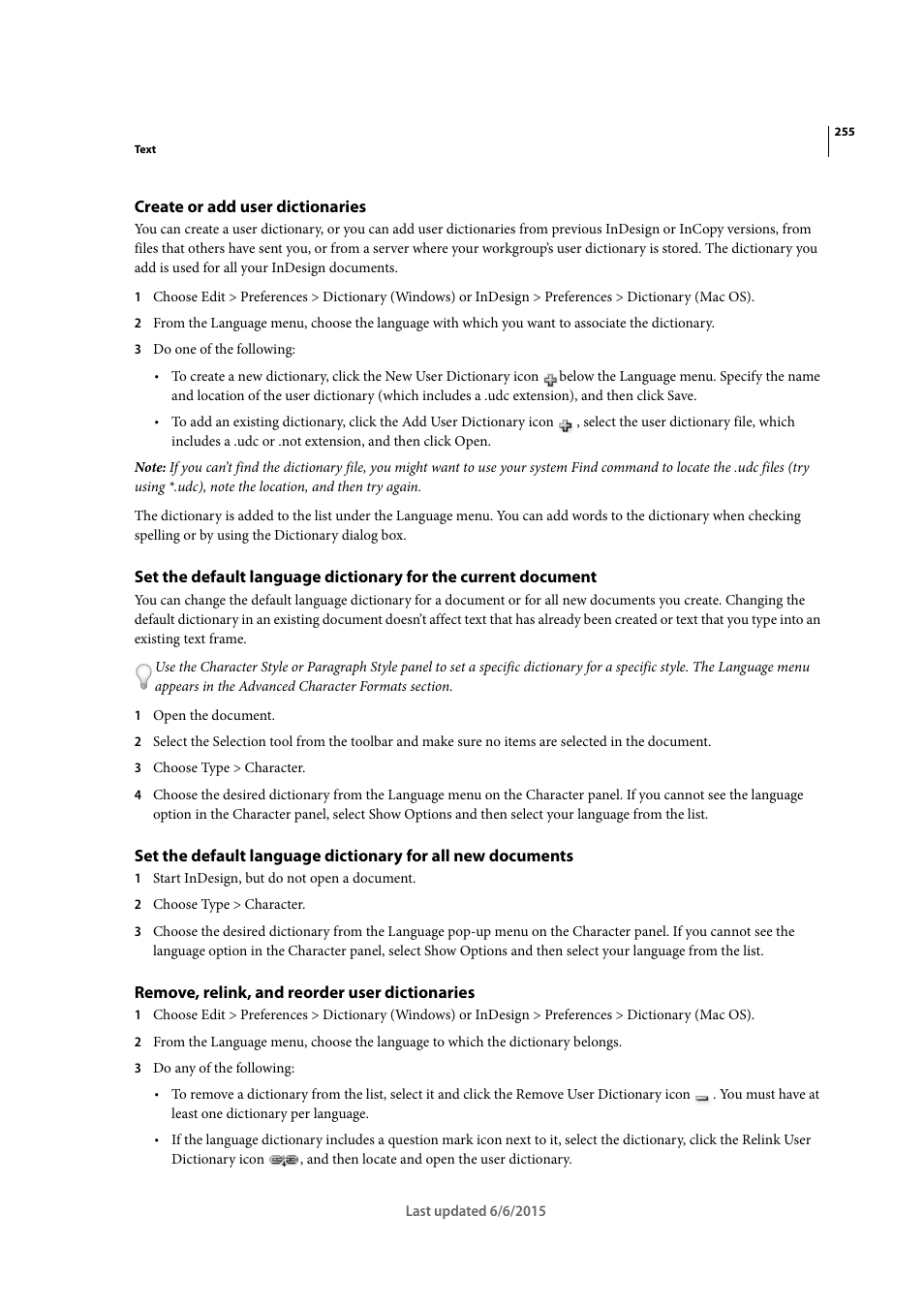 Create or add user dictionaries, Remove, relink, and reorder user dictionaries | Adobe InDesign CC 2015 User Manual | Page 260 / 643
