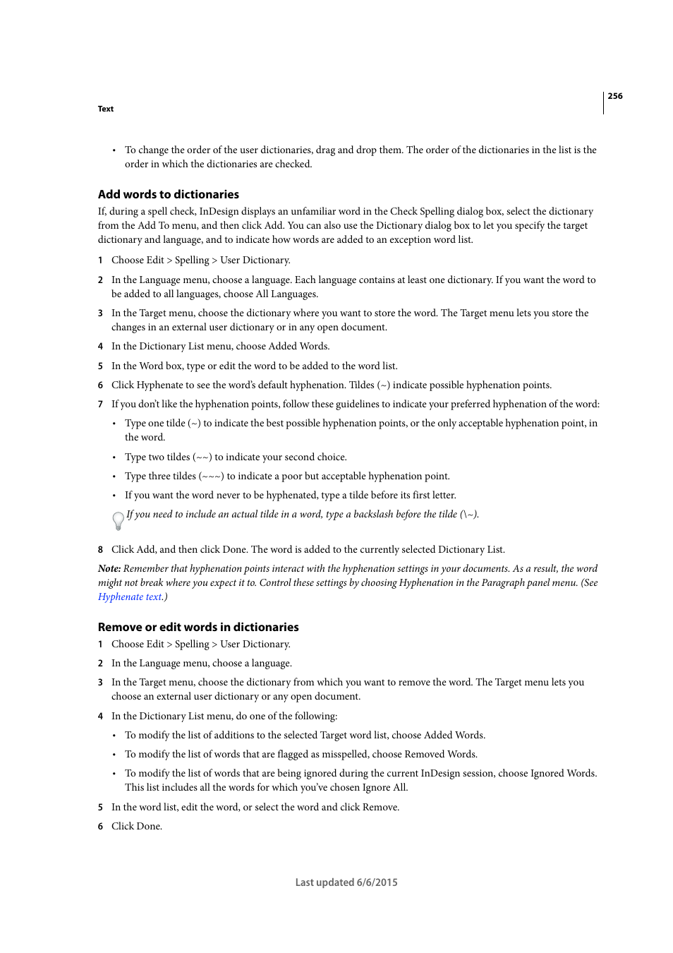 Add words to dictionaries, Remove or edit words in dictionaries | Adobe InDesign CC 2015 User Manual | Page 261 / 643