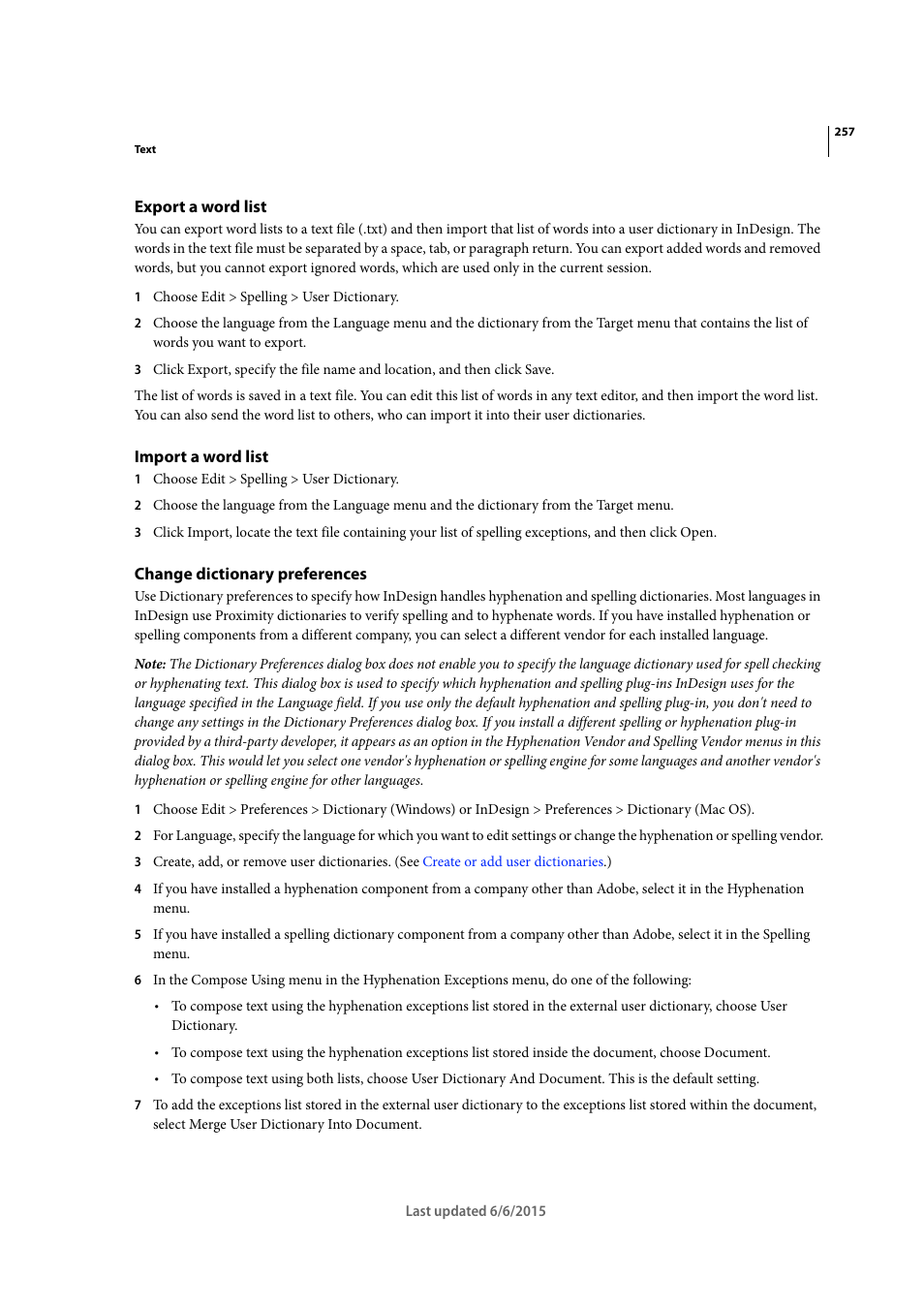 Export a word list, Import a word list, Change dictionary preferences | Adobe InDesign CC 2015 User Manual | Page 262 / 643