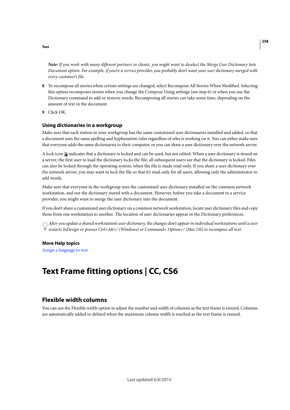 Using dictionaries in a workgroup, Text frame fitting options | cc, cs6, Flexible width columns | Adobe InDesign CC 2015 User Manual | Page 263 / 643