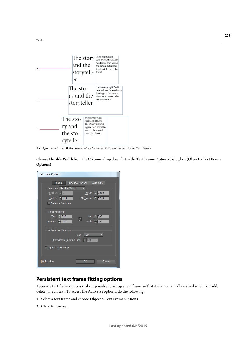 Persistent text frame fitting options | Adobe InDesign CC 2015 User Manual | Page 264 / 643