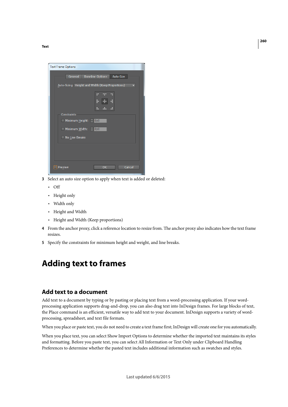 Adding text to frames, Add text to a document | Adobe InDesign CC 2015 User Manual | Page 265 / 643