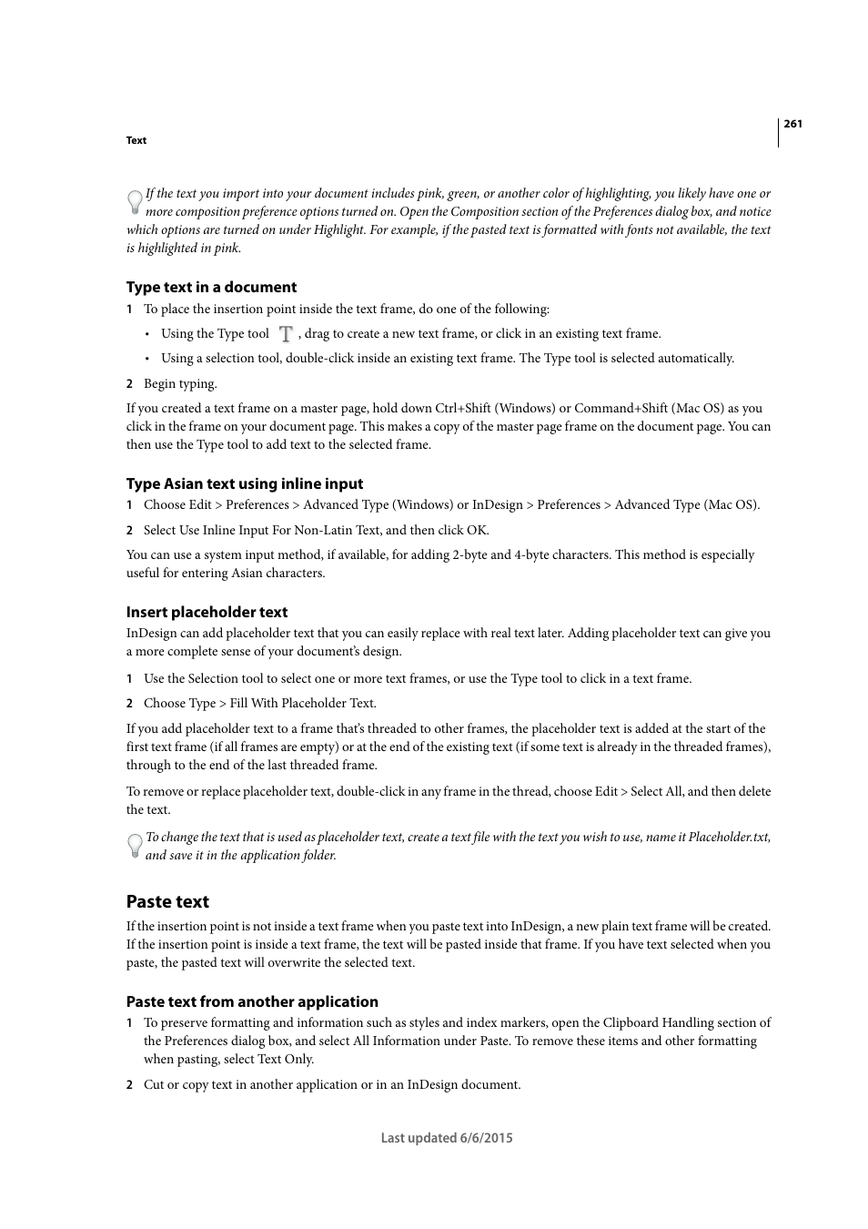 Type text in a document, Type asian text using inline input, Insert placeholder text | Paste text, Paste text from another application | Adobe InDesign CC 2015 User Manual | Page 266 / 643