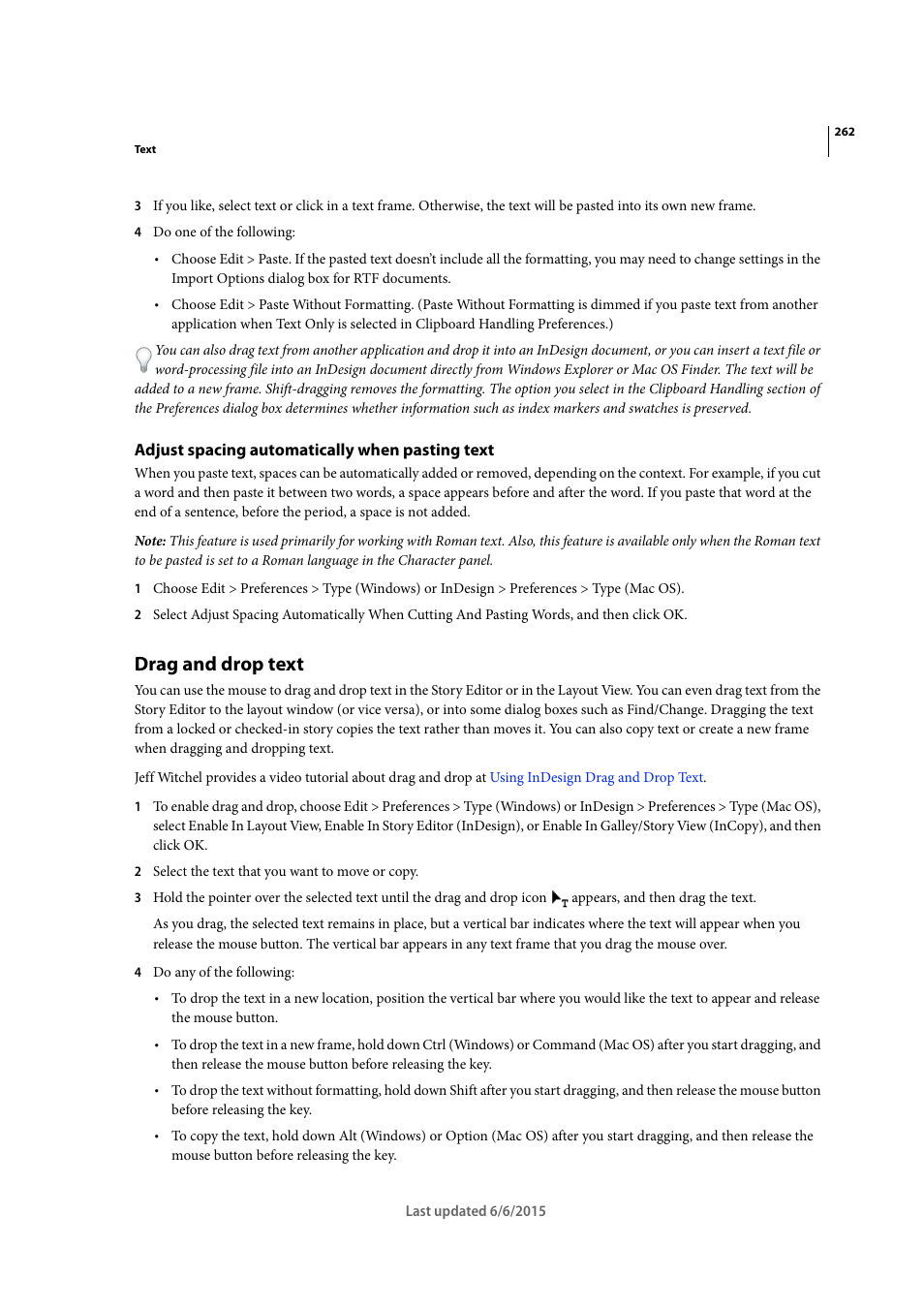 Adjust spacing automatically when pasting text, Drag and drop text | Adobe InDesign CC 2015 User Manual | Page 267 / 643