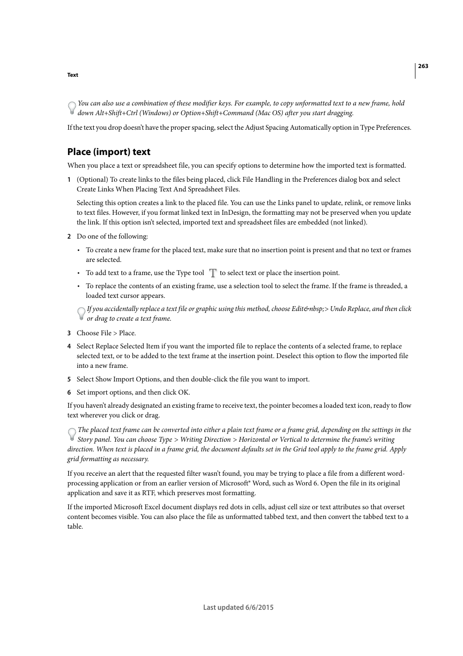 Place (import) text | Adobe InDesign CC 2015 User Manual | Page 268 / 643