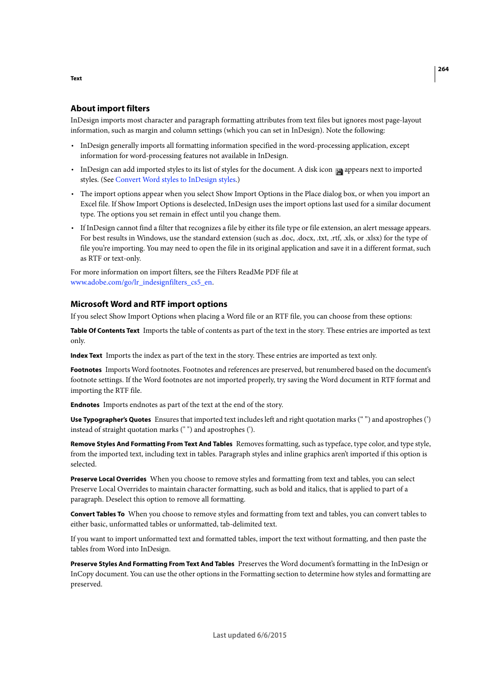 About import filters, Microsoft word and rtf import options | Adobe InDesign CC 2015 User Manual | Page 269 / 643