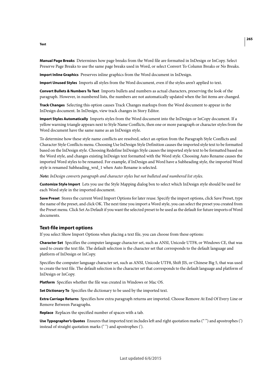 Text-file import options | Adobe InDesign CC 2015 User Manual | Page 270 / 643