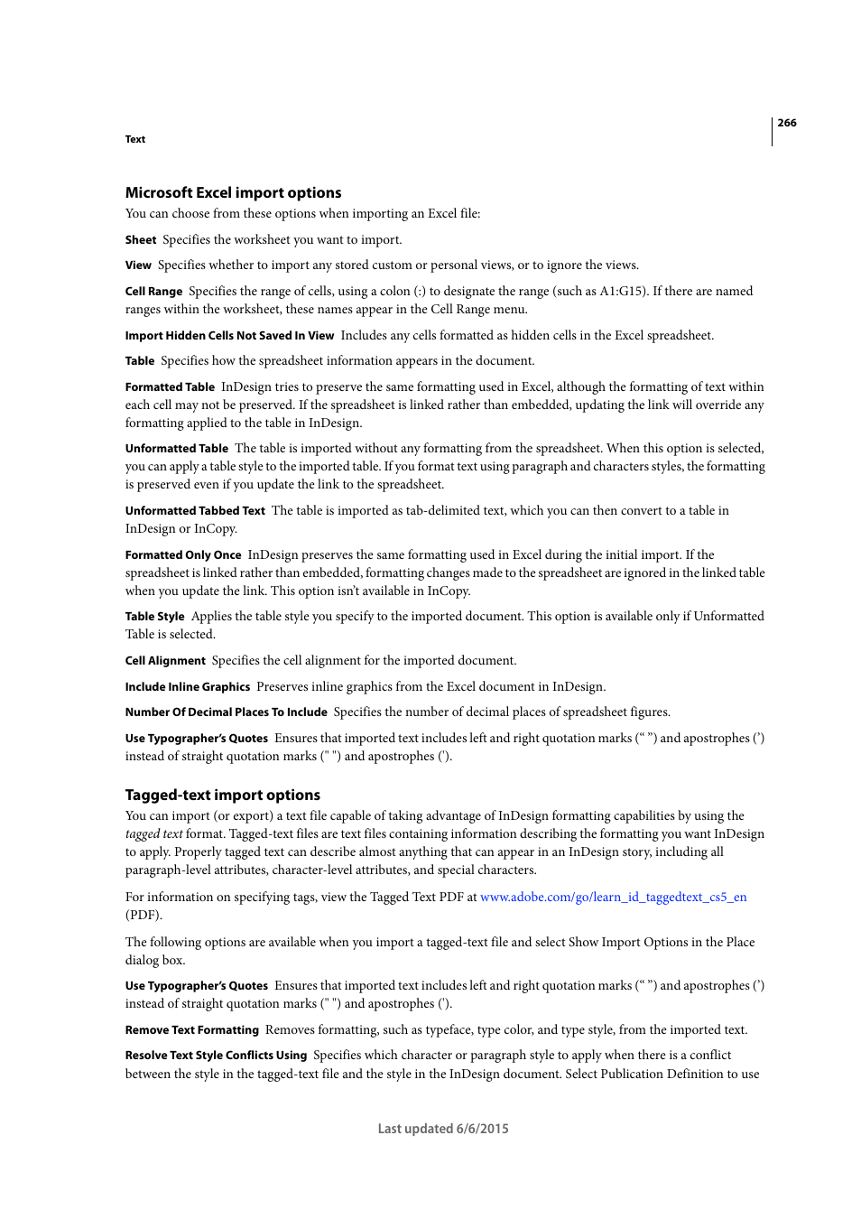 Microsoft excel import options, Tagged-text import options | Adobe InDesign CC 2015 User Manual | Page 271 / 643