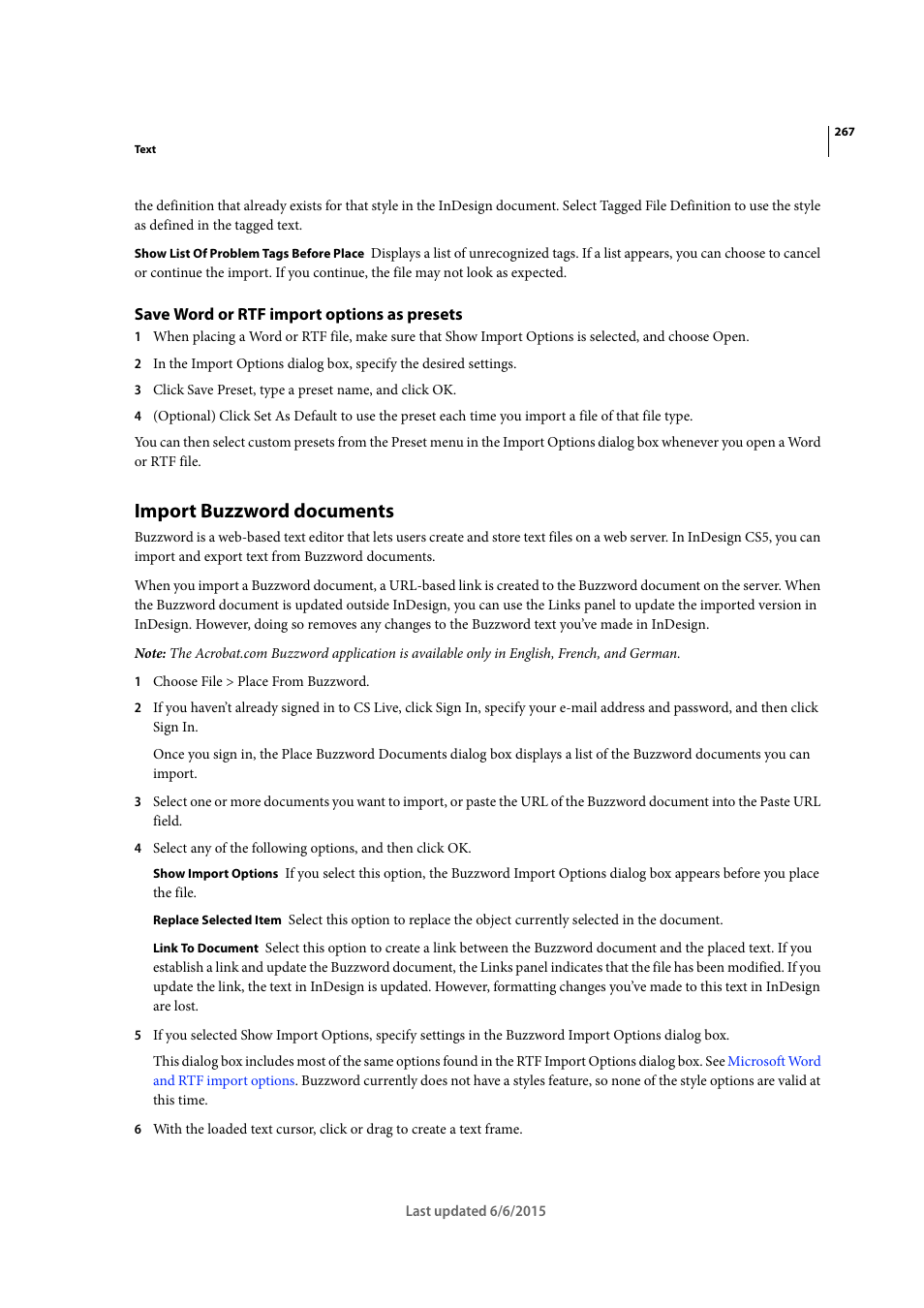 Save word or rtf import options as presets, Import buzzword documents | Adobe InDesign CC 2015 User Manual | Page 272 / 643