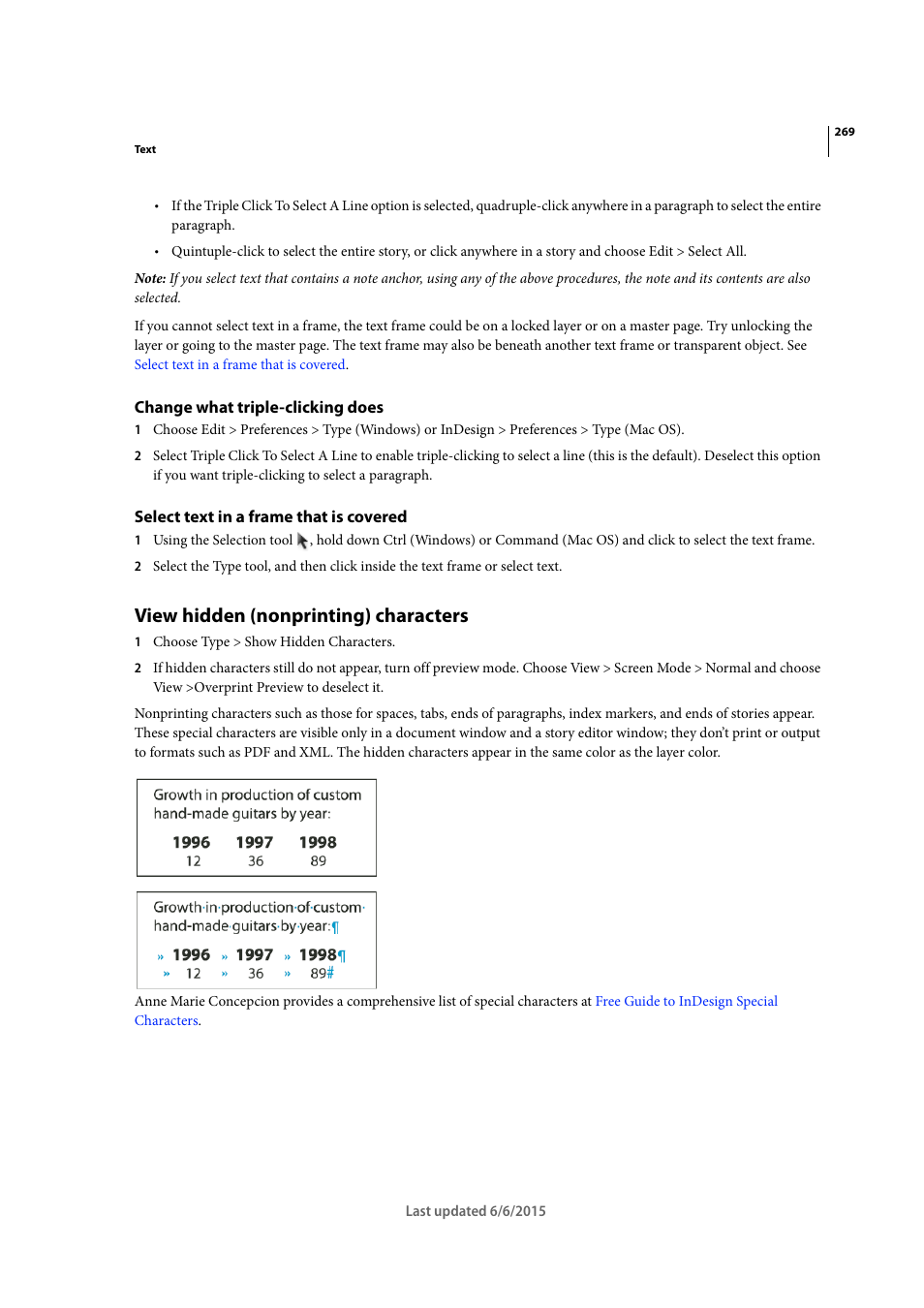 Change what triple-clicking does, Select text in a frame that is covered, View hidden (nonprinting) characters | Adobe InDesign CC 2015 User Manual | Page 274 / 643