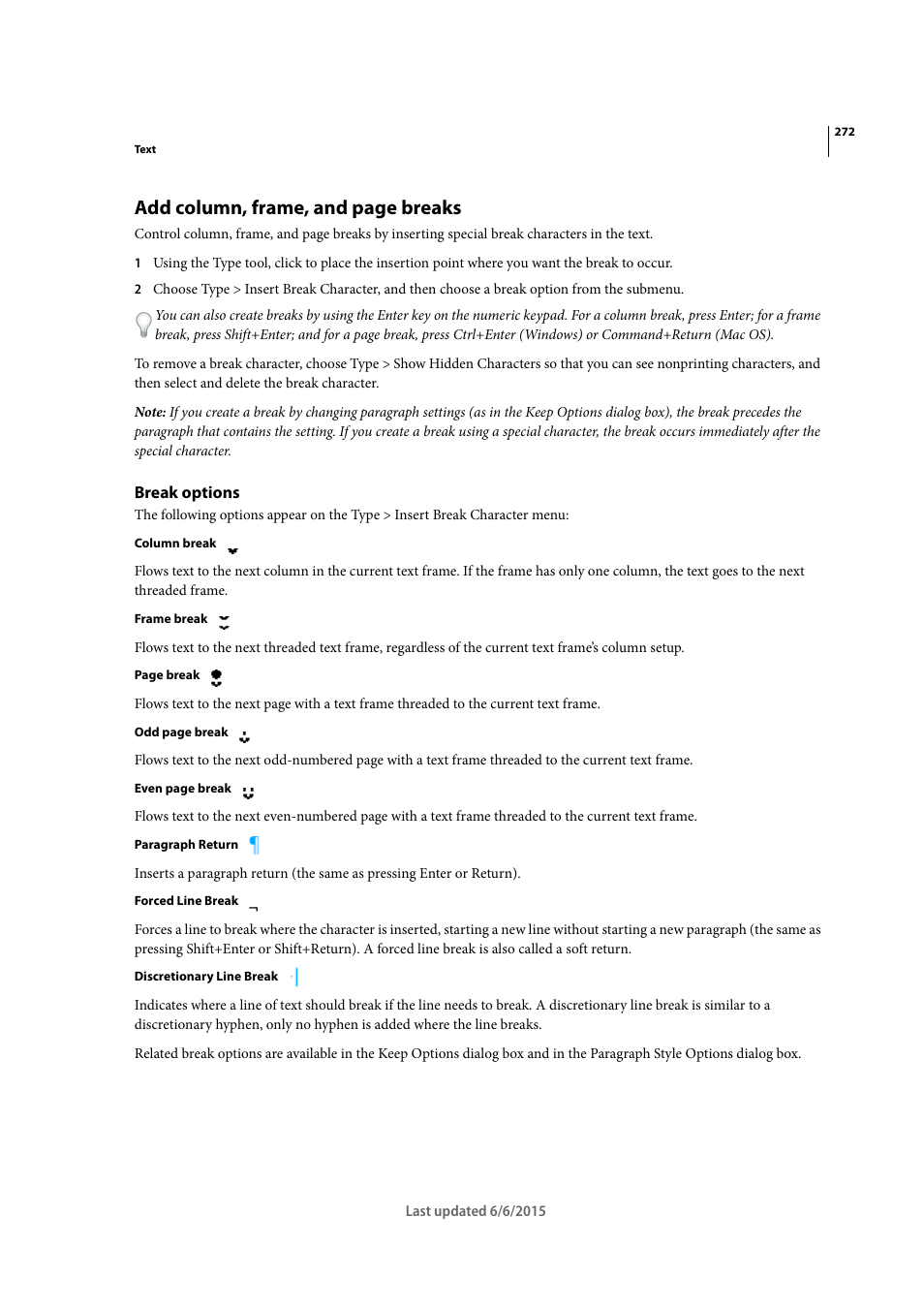 Break options, Add column, frame, and page breaks | Adobe InDesign CC 2015 User Manual | Page 277 / 643