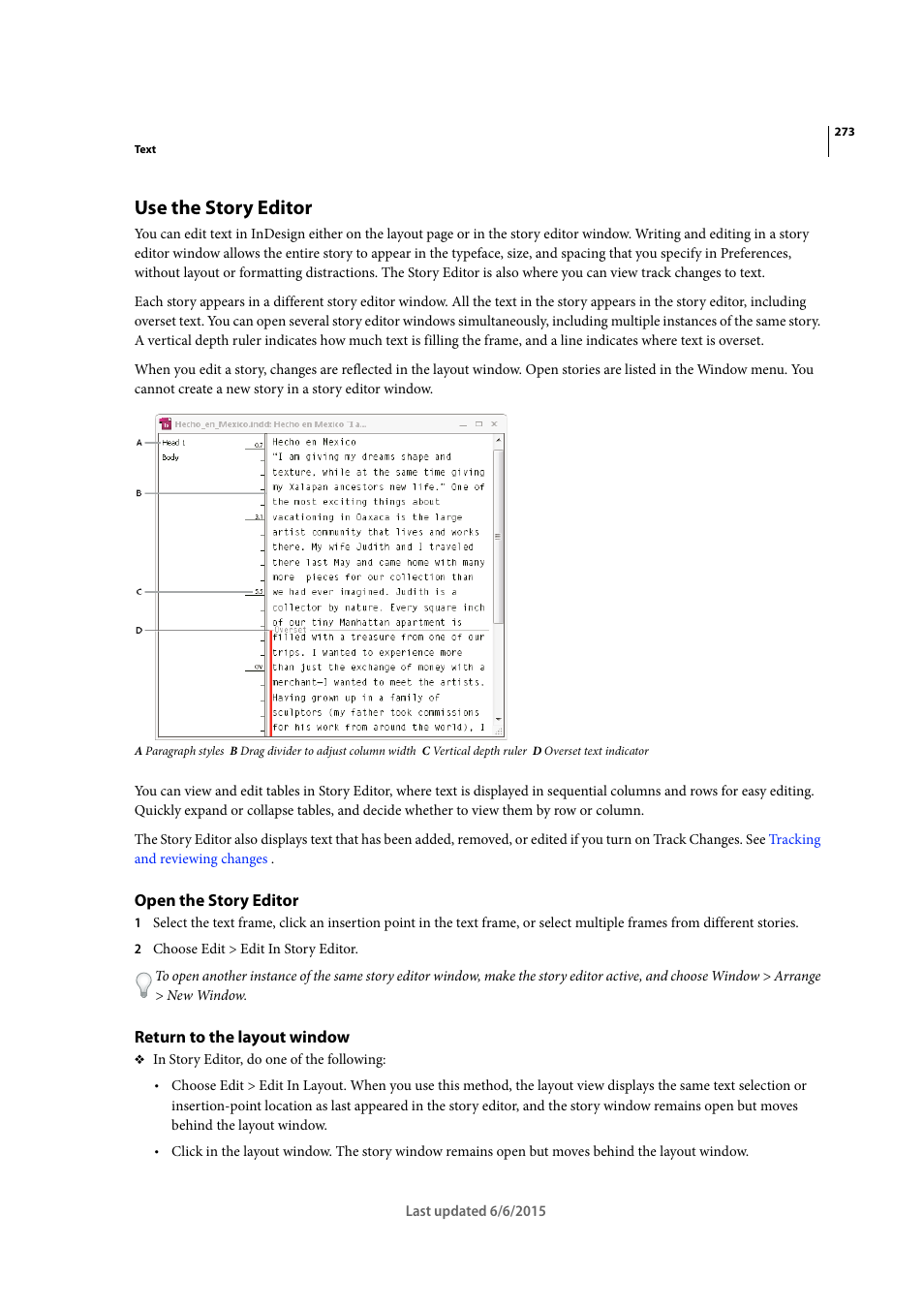 Use the story editor, Open the story editor, Return to the layout window | Adobe InDesign CC 2015 User Manual | Page 278 / 643