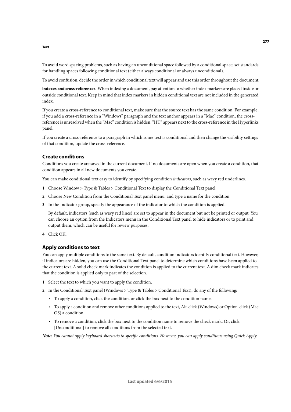 Create conditions, Apply conditions to text | Adobe InDesign CC 2015 User Manual | Page 282 / 643