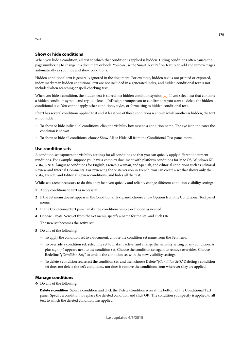 Show or hide conditions, Use condition sets, Manage conditions | Adobe InDesign CC 2015 User Manual | Page 283 / 643