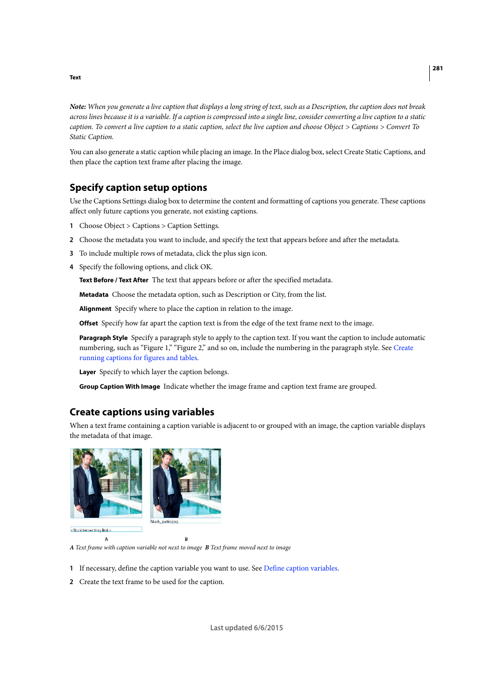 Specify caption setup options, Create captions using variables | Adobe InDesign CC 2015 User Manual | Page 286 / 643