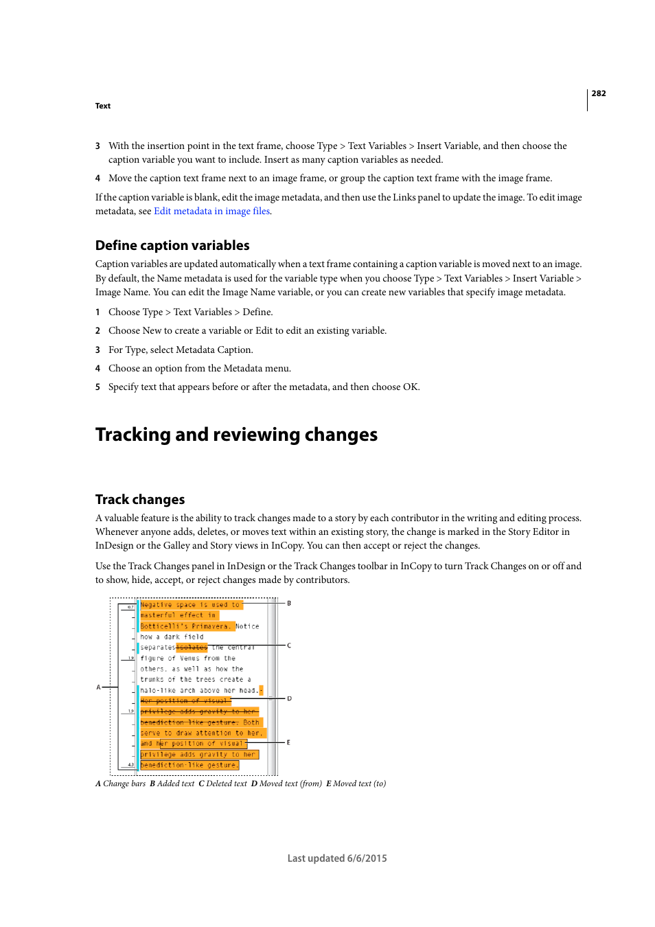 Define caption variables, Tracking and reviewing changes, Track changes | Adobe InDesign CC 2015 User Manual | Page 287 / 643