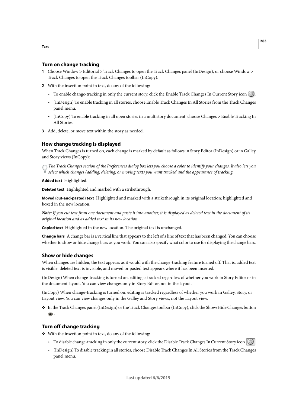 Turn on change tracking, How change tracking is displayed, Show or hide changes | Turn off change tracking | Adobe InDesign CC 2015 User Manual | Page 288 / 643