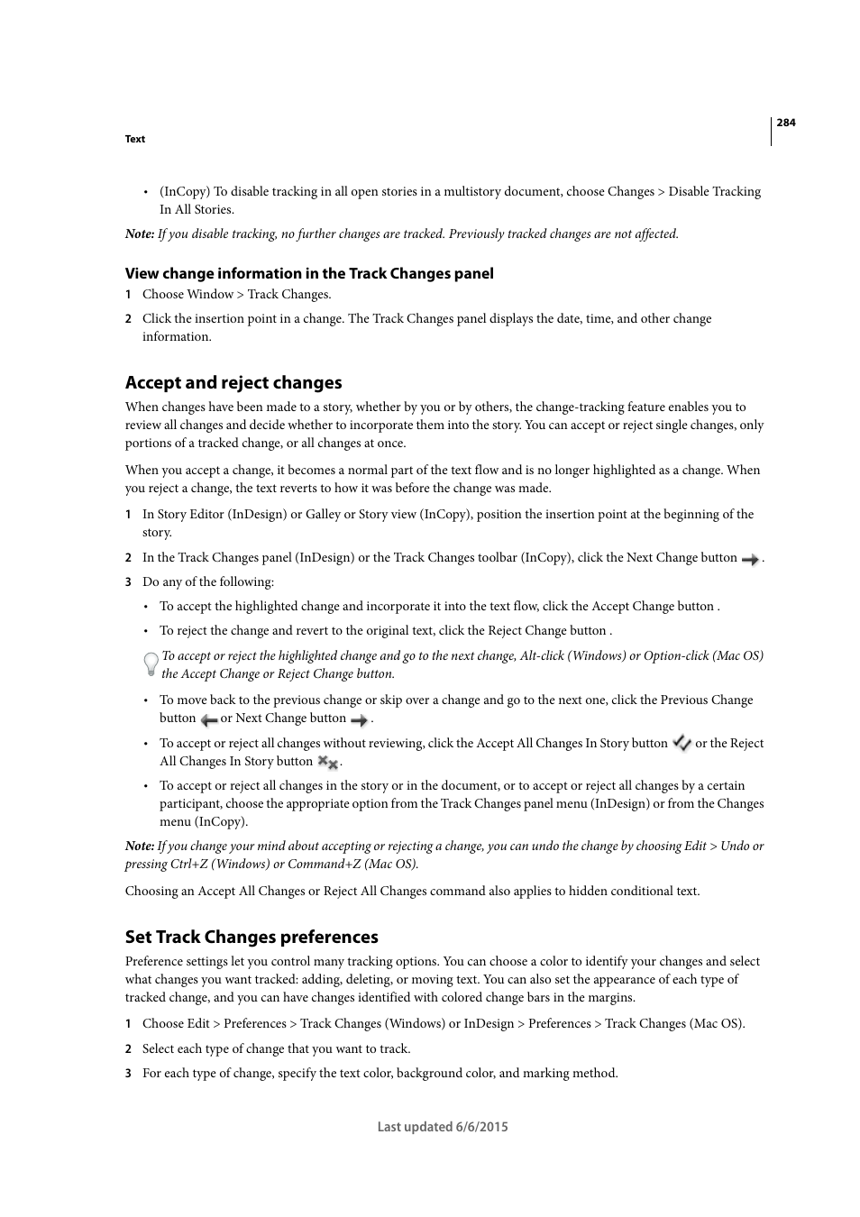 View change information in the track changes panel, Accept and reject changes, Set track changes preferences | Adobe InDesign CC 2015 User Manual | Page 289 / 643