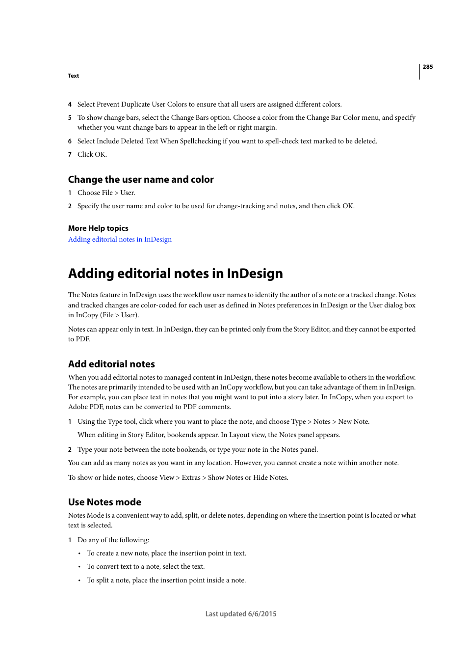 Change the user name and color, Adding editorial notes in indesign, Add editorial notes | Use notes mode | Adobe InDesign CC 2015 User Manual | Page 290 / 643