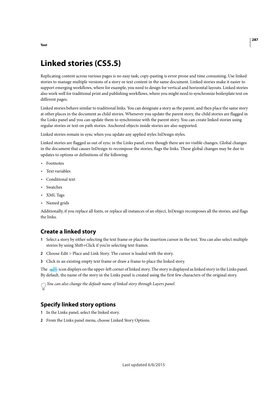 Linked stories (cs5.5), Create a linked story, Specify linked story options | Adobe InDesign CC 2015 User Manual | Page 292 / 643