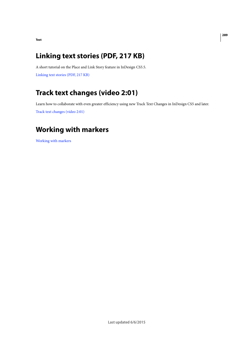 Linking text stories (pdf, 217 kb), Track text changes (video 2:01), Working with markers | Adobe InDesign CC 2015 User Manual | Page 294 / 643